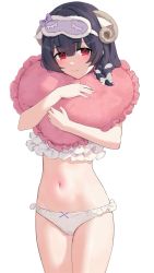 Rule 34 | animal ears, black hair, blush, bow, braid, commentary, frilled panties, frilled pillow, frilled shirt, frills, gin00, hair bow, highres, horns, idolmaster, idolmaster (classic), looking at viewer, morino rinze, navel, hugging object, panties, pillow, pillow hug, red eyes, sheep ears, sheep horns, shirt, short hair, sleep mask, smile, solo, stomach, thighs, underwear, white background, white panties, white shirt