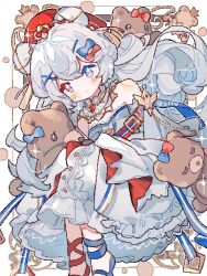 Rule 34 | 1girl, animal ears, arknights, asymmetrical footwear, bear ears, blue bow, blue eyes, blue footwear, border, bow, collar, detached collar, detached sleeves, dress, expressionless, feet out of frame, flower-shaped pupils, hair bow, hair ornament, heterochromia, highres, layered dress, long hair, looking to the side, mismatched footwear, official alternate costume, pixelated, red bow, red eyes, red footwear, red headwear, rosa (arknights), rosa (masterpiece) (arknights), saucer (saucer752), simple background, solo, stuffed animal, stuffed toy, symbol-shaped pupils, teddy bear, very long hair, white background, white collar, white dress, white hair, wide sleeves, x hair ornament