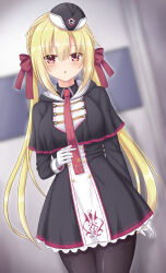 Rule 34 | 1girl, arihara nanami, arm at side, black capelet, black hat, black jacket, black pantyhose, black skirt, blonde hair, blurry, blurry background, blush, bow, braid, breasts, capelet, commentary, cowboy shot, curvy, double-parted bangs, eyelashes, eyes visible through hair, frilled skirt, frills, garrison cap, gloves, hair between eyes, hair bow, hair ribbon, hat, highres, hood, hood down, hooded jacket, indoors, jacket, large breasts, long hair, looking at viewer, low twintails, military, military uniform, necktie, open mouth, pantyhose, red bow, red eyes, red necktie, red ribbon, ribbon, riddle joker, side braids, skirt, solo, standing, star (symbol), twintails, uniform, very long hair, white gloves, yuunagi (yunagi1373)