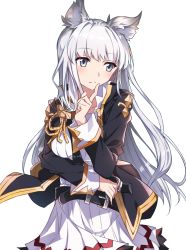 Rule 34 | 10s, 1girl, alternate costume, animal ears, belt, blush, breasts, cat ears, closed mouth, commentary request, finger to mouth, granblue fantasy, grey eyes, korwa, long hair, long sleeves, looking away, medium breasts, silver hair, simple background, solo, tsuezu, uniform, white background
