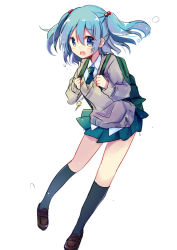 Rule 34 | 1girl, asanagi kurumi (panda-doufu), backpack, bag, blue eyes, blue hair, blush, contemporary, hair bobbles, hair ornament, jewelry, kawashiro nitori, key, key necklace, kurumi (69a4y), looking at viewer, matching hair/eyes, necklace, necktie, no headwear, open mouth, pleated skirt, school uniform, simple background, skirt, solo, touhou, twintails, two side up, white background
