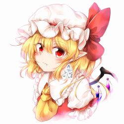 Rule 34 | 1girl, blonde hair, blush, bow, closed mouth, collar, crystal, diamond (gemstone), dress, earrings, eyes visible through hair, flandre scarlet, gem, hair between eyes, hat, hat bow, highres, jewelry, looking at viewer, marukyuu ameya, mob cap, multicolored wings, ponytail, puffy short sleeves, puffy sleeves, red bow, red dress, red eyes, short hair, short sleeves, simple background, solo, touhou, upper body, white background, white collar, white hat, white sleeves, wings, yellow neckwear