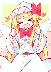 Rule 34 | &gt; &lt;, 1girl, afterimage, asameshi, blonde hair, blush stickers, border, capelet, dress, fairy, fairy wings, hat, heart, highres, lily white, long hair, long sleeves, open mouth, smile, solo, touhou, upper body, white border, white capelet, white dress, white hat, wide sleeves, wings