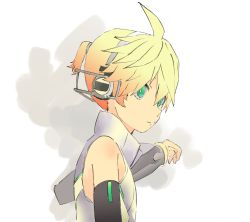 Rule 34 | 1boy, aqua eyes, black sleeves, blonde hair, blouse, collared shirt, d futagosaikyou, detached sleeves, from side, hand up, highres, kagamine len, kagamine len (append), looking to the side, male focus, see-through, see-through sleeves, shirt, short ponytail, sketch, sleeveless, sleeveless shirt, solo, spiked hair, upper body, vocaloid, vocaloid append, white background, white shirt