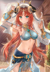Rule 34 | 1girl, absurdres, arm up, armpits, artist name, blue eyes, blue skirt, blunt bangs, blush, breasts, closed mouth, cowboy shot, crop top, curled horns, forehead jewel, genshin impact, gold trim, highres, horns, long hair, long sleeves, looking at viewer, medium breasts, navel, nilou (genshin impact), orange hair, silverpixia, skirt, smile, solo, stairs, standing, stomach, thigh strap, veil