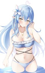 Rule 34 | 1girl, ahoge, alternate costume, argule0901, bikini, blue bikini, blue hair, blush, braid, breasts, cleavage, collarbone, commentary, cowboy shot, flower, frilled bikini, frills, hair between eyes, hair flower, hair ornament, half updo, hand in own hair, heart, heart ahoge, highres, hololive, jewelry, large breasts, light blue hair, light smile, long hair, looking at viewer, multicolored hair, navel, necklace, parted lips, pink hair, pointy ears, sidelocks, simple background, solo, standing, stomach, streaked hair, swimsuit, thigh gap, virtual youtuber, wading, water, white background, yellow eyes, yukihana lamy