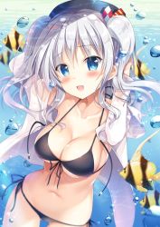 Rule 34 | 10s, 1girl, beret, bikini, black bikini, blue eyes, blush, breasts, bubble, cleavage, collarbone, commentary request, fish, front-tie top, hat, highres, jacket, kantai collection, kashima (kancolle), large breasts, long hair, looking at viewer, navel, open clothes, open jacket, open mouth, side-tie bikini bottom, sidelocks, silver hair, smile, solo, sousouman, swimsuit, tsurime, twintails, underwater, water, wavy hair