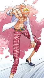 Rule 34 | 1boy, blonde hair, capri pants, coat, covered eyes, donquixote doflamingo, e mouth69, earrings, english text, feather coat, highres, jewelry, leg hair, male focus, muscular, muscular male, one piece, open clothes, outstretched arm, pants, pink coat, pink pants, shirt, short hair, smile, solo, thread, white shirt