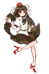 Rule 34 | 1girl, black bow, black hair, black neckwear, black skirt, bow, hand up, hat, highres, leg up, looking at viewer, open mouth, pom pom (clothes), red eyes, red footwear, red hat, shameimaru aya, shirt, shoes, short hair, short sleeves, simple background, skirt, smile, socks, solo, standing, standing on one leg, tama (hiroshige 36), touhou, white background, white shirt, white sleeves, white socks