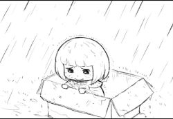 Rule 34 | 1girl, adepta sororitas, blunt bangs, bob cut, box, cardboard box, chibi, commentary, english commentary, for adoption, greyscale, in box, in container, lutherniel, monochrome, rain, sad, short hair, solo, tearing up, warhammer 40k, wet