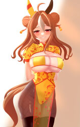 Rule 34 | 1girl, absurdres, ael, ahoge, alternate costume, animal ears, arms behind back, blush, bra, breasts, brown hair, chinese clothes, cleavage, commentary request, copano rickey (umamusume), double bun, grin, hair bun, hair ornament, highres, horse ears, horse tail, large breasts, long hair, looking at viewer, pantyhose, red eyes, simple background, smile, solo, tail, umamusume, underwear