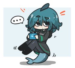 Rule 34 | ..., 1girl, black dress, black footwear, blue background, blue eyes, blue hair, blush, boots, cellphone, closed mouth, commentary request, dress, fins, fish tail, fuka-chan, full body, grey pantyhose, hair between eyes, highres, holding, holding phone, hood, hood down, hooded dress, long sleeves, looking at viewer, notice lines, original, pantyhose, phone, shadow, shark tail, sleeves past wrists, solo, spoken ellipsis, tail, tail stand, thick eyebrows, two-tone background, uni souchou, white background