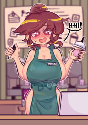 Rule 34 | 1girl, acorn hair (roblox), ahoge, akari sucks, apron, bare shoulders, barista, blush, breasts, brown eyes, brown hair, cleavage, english text, female focus, hair bun, highres, huge breasts, iced latte with breast milk (meme), large breasts, looking at viewer, meme, motion lines, naked apron, nude, pen, roblox, shaking, solo, sweat, sweatdrop, sweating profusely, tagme, trembling