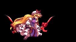 Rule 34 | 2girls, animated, animated gif, blonde hair, brown hair, cat tail, cat teaser, chen, dress, full body, green hat, hat, long hair, lowres, mob cap, multiple girls, multiple tails, nekomata, playing, portal (object), tabard, tail, touhou, transparent background, two tails, very long hair, white hat, yakumo yukari