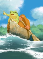Rule 34 | 2others, boat, cloud, cloudy sky, commentary request, day, frog, grass, hachiya shohei, highres, multiple others, no humans, original, otter, paddling, personification, scenery, sky, stretched limb, water, watercraft