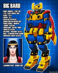 Rule 34 | 1girl, big barda, black hair, blue eyes, character name, circlet, commentary, crossover, dc comics, english commentary, english text, glowing, glowing eyes, green eyes, grid background, gundam, justice league, lips, long hair, machinery, mashup, mecha, mechanization, mobile suit, portrait, robot, signature, sketch, turbomiracle, western comics (style)