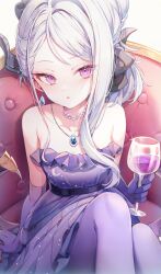 Rule 34 | 1girl, :o, absurdres, asymmetrical sidelocks, bare shoulders, blue archive, blush, breasts, cup, demon horns, dress, elbow gloves, feet out of frame, gloves, grey hair, highres, hina (blue archive), hina (dress) (blue archive), holding, holding cup, horns, looking at viewer, misyune, pantyhose, purple dress, purple eyes, purple gloves, purple pantyhose, sitting, small breasts, solo