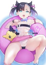 Rule 34 | 1girl, artist name, black hair, blue hair, bracelet, breasts, covered navel, creatures (company), feet in water, food, game freak, gen 8 pokemon, gris swimsuit, hair ribbon, hot vr, ice cream, innertube, jewelry, looking at viewer, marnie (pokemon), meme attire, morpeko, morpeko (full), nintendo, one-piece swimsuit, open mouth, patreon username, pokemon, pokemon swsh, popsicle, pov, ribbon, short eyebrows, short hair, shy, small breasts, solo, spiked bracelet, spikes, strapless, strapless one-piece swimsuit, summer, swim ring, swimsuit, teeth, thick thighs, thighs, tongue, tongue out, upper teeth only, water, watermark