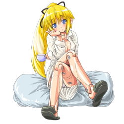 Rule 34 | 10s, 1girl, arnval, bad id, bad pixiv id, blonde hair, blouse, blue eyes, breasts, busou shinki, cleavage, crossed legs, dd (ijigendd), doll joints, dress shirt, joints, medium breasts, naked shirt, no bra, open clothes, open shirt, panties, pantyshot, ponytail, shirt, sitting, solo, underwear, white shirt
