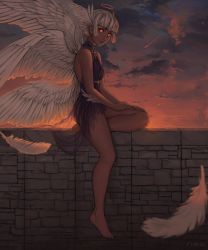 Rule 34 | 1girl, absurdres, angel, backlighting, bad id, bad tumblr id, bare legs, bare shoulders, barefoot, blunt bangs, commentary, dark, dress, english commentary, feathered wings, feathers, from side, glowing, glowing eyes, halo, head wings, highres, huge filesize, looking at viewer, matilda fiship, multiple wings, orange eyes, original, parted lips, purple dress, seraph, shooting star, short dress, short hair, sitting, solo, sunset, white hair, wings