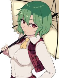 Rule 34 | 1girl, ascot, breasts, closed mouth, commentary request, green hair, highres, holding, holding umbrella, kazami yuuka, long sleeves, looking at viewer, marsen, medium breasts, open clothes, open vest, plaid, plaid vest, red eyes, red vest, shirt, short hair, simple background, solo, touhou, umbrella, upper body, v-shaped eyebrows, vest, white background, white shirt, yellow ascot