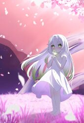 Rule 34 | 1girl, alternate hairstyle, blurry, blush, collarbone, commentary, crying, crying with eyes open, depth of field, dress, falling petals, flower, flower-shaped pupils, genshin impact, gradient hair, green eyes, hair between eyes, hair down, hair flower, hair ornament, highres, long hair, looking at viewer, mockingeu, multicolored hair, nahida (genshin impact), parted lips, petals, pointy ears, sidelocks, sleeveless, solo, streaked hair, streaming tears, symbol-shaped pupils, tears, two-tone hair, white dress, white hair, wind