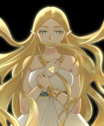 Rule 34 | 1girl, backlighting, bare arms, bare shoulders, belt, black background, blonde hair, blue belt, breasts, commentary request, green eyes, highres, i tera715, large breasts, long hair, nintendo, official alternate costume, parted hair, pointy ears, princess zelda, simple background, solo, the legend of zelda, the legend of zelda: breath of the wild, triforce, upper body