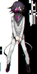 Rule 34 | 1boy, black background, black hair, buttons, checkered clothes, checkered scarf, chromatic aberration, commentary request, danganronpa (series), danganronpa v3: killing harmony, double-breasted, flipped hair, full body, grey jacket, grey pants, hair between eyes, jacket, long sleeves, male focus, medium hair, nail polish, oma kokichi, pants, pink eyes, pink nails, r2load, respirator, scarf, shoes, solo, straight-on, white background