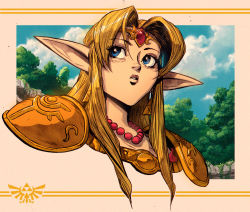 Rule 34 | 1girl, armor, bead necklace, beads, blonde hair, blue eyes, blue sky, circlet, cloud, commentary, dave rapoza, earrings, emblem, english commentary, jewelry, looking to the side, necklace, nintendo, parody, pointy ears, portrait, princess zelda, shoulder armor, sky, solo, style parody, the legend of zelda, the legend of zelda: a link between worlds, tree, triforce