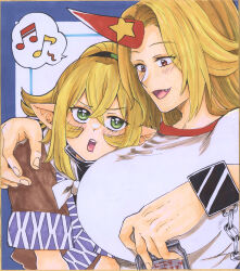 Rule 34 | 2girls, absurdres, beer can, black shirt, blonde hair, blue background, blush, breasts, bright pupils, brown shirt, can, cheek squash, commentary request, cuffs, drink can, fang, green eyes, hair between eyes, high ponytail, highres, holding, holding can, horns, hoshiguma yuugi, large breasts, long hair, looking at another, looking to the side, matsuri kyuuta, medium bangs, mizuhashi parsee, multiple girls, musical note, open mouth, pointy ears, red eyes, red horns, round teeth, shackles, shirt, short hair, short ponytail, short sleeves, single horn, smile, spoken musical note, star (symbol), t-shirt, teeth, touhou, traditional media, undershirt, upper body, upper teeth only, white pupils, white shirt, yuri