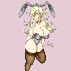 Rule 34 | 1girl, animal costume, animal ears, arm up, blonde hair, blue eyes, breasts, bunny costume, bunny ears, bunny tail, choker, crown, dilane93, earrings, female focus, jewelry, long hair, looking at viewer, mario (series), nintendo, rosalina, rosalina (mario), solo, super mario bros., tail, thick thighs, thighhighs, thighs