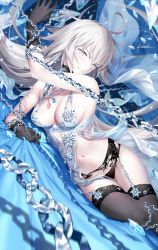Rule 34 | 1girl, ahoge, artoria pendragon (fate), artoria pendragon (lancer alter) (fate), artoria pendragon (lancer alter) (fate) (cosplay), artoria pendragon (lancer alter) (royal icing) (fate), artoria pendragon (lancer alter) (royal icing) (fate) (cosplay), babydoll, bare shoulders, black gloves, black panties, black thighhighs, blue babydoll, blush, breasts, chain, choker, cleavage, clenched teeth, collarbone, commentary request, cosplay, fate/grand order, fate (series), garter belt, gloves, hair between eyes, jeanne d&#039;arc (fate), jeanne d&#039;arc alter (avenger) (fate), jeanne d&#039;arc alter (fate), kousaki rui, large breasts, long hair, looking at viewer, lying, navel, official alternate costume, on side, pale skin, panties, silver hair, snowflake print, solo, teeth, thighhighs, thighs, underwear, yellow eyes