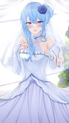 Rule 34 | 1girl, absurdres, bad id, bad pixiv id, bare shoulders, blue eyes, blue hair, blush, breasts, bridal veil, bride, dress, gloves, hair between eyes, highres, hololive, hoshimachi suisei, jewelry, long hair, looking at viewer, medium breasts, nail polish, open mouth, ornate ring, ribbon, ring, shinigami kiraki, small breasts, smile, solo, star (symbol), star in eye, symbol in eye, veil, virtual youtuber, wedding dress, wedding ring, white dress