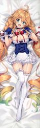 Rule 34 | 1girl, absurdres, ahoge, anchor, azur lane, bare shoulders, bed sheet, blonde hair, blush, bow, bowtie, braid, breasts, capelet, choker, cleavage, collarbone, cross, cross earrings, dakimakura (medium), drill hair, earrings, frills, full body, garter straps, gloves, gradient hair, green eyes, green hair, head tilt, highres, huge filesize, jewelry, large breasts, le temeraire (azur lane), long hair, looking at viewer, lying, multicolored hair, on back, open mouth, purple gloves, red bow, riichu, scan, simple background, smile, solo, thighhighs, twin braids, very long hair, white thighhighs, zettai ryouiki