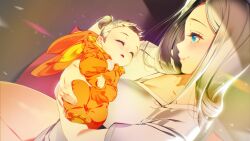 Rule 34 | 2girls, animal costume, animal hood, aqua eyes, baby, blue eyes, blush, breasts, cha so-hi, cleavage, closed eyes, closed mouth, collarbone, dutch angle, game cg, hair bun, hairband, highres, holding, holding baby, hood, large breasts, light blush, light particles, long hair, looking at another, miracle snack shop, multiple girls, non-web source, nose blush, official art, open mouth, orange hairband, philia salis, pink lips, shadow, shirt, single hair bun, sleeping, sleeping on person, talesshop, thighs, ukero, white hair, white shirt