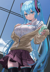 Rule 34 | 1girl, aqua eyes, aqua hair, bow, bowtie, breast pocket, breasts, button gap, closed mouth, cowboy shot, eyeshadow, from below, hair between eyes, hand on own chest, hatsune miku, highres, jacket, juice box, large breasts, light frown, long hair, long sleeves, looking at viewer, makeup, miniskirt, partially unzipped, pleated skirt, pocket, purple skirt, rerendi, school uniform, see-through, shirt, skirt, sky, thighhighs, twintails, very long hair, vocaloid, white shirt, window, wing collar, zettai ryouiki