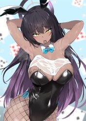Rule 34 | 1girl, animal ears, armpits, arms behind head, awnw, black hair, black leotard, blue archive, blue bow, blue bowtie, blush, body writing, bow, bowtie, breasts, card, cleavage, commentary request, covered navel, curvy, dark-skinned female, dark skin, detached collar, fake animal ears, fishnet pantyhose, fishnets, hair tie in mouth, halo, high ponytail, highleg, highleg leotard, highres, karin (blue archive), karin (bunny) (blue archive), large breasts, leotard, long hair, looking at viewer, mouth hold, official alternate costume, pantyhose, playboy bunny, playing card, rabbit ears, shiny clothes, shiny skin, solo, strapless, strapless leotard, twitter username, very long hair, wide hips, yellow eyes