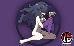 Rule 34 | 1girl, @ @, antenna hair, armpits, barefoot, black eyes, black hair, black nails, black toenails, breasts, cleft of venus, clenched hands, collarbone, completely nude, crazy eyes, crazy smile, creatures (company), feet, female focus, fingernails, full body, game freak, groin, hands up, headband, hex maniac (pokemon), highres, holding, holding poke ball, kneeling, legs, long hair, medium breasts, messy hair, nail polish, navel, neck, nilterguy, nintendo, nipples, npc trainer, nude, nude filter, official art nude filter, open mouth, parted bangs, poke ball, poke ball symbol, pokemon, pokemon xy, purple background, purple headband, pussy, sidelocks, smile, thighs, third-party edit, toenail polish, toenails, toes, unworn clothes