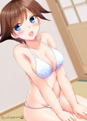 Rule 34 | 1girl, bikini, blue eyes, breasts, brown hair, cleavage, commentary request, cowboy shot, door, dutch angle, flipped hair, hiei (kancolle), indoors, kantai collection, looking at viewer, medium breasts, open mouth, seiza, short hair, sitting, smile, solo, swimsuit, tamagawa yukimaru, twitter username, white bikini