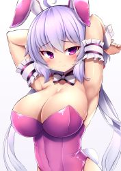 Rule 34 | 1girl, ahoge, animal ears, armband, armpits, arms up, bare shoulders, blush, bow, bowtie, breasts, cleavage, commentary request, covered navel, embarrassed, fake animal ears, frills, highres, large breasts, leotard, long hair, looking at viewer, low-tied long hair, low twintails, pink leotard, playboy bunny, purple eyes, rabbit ears, rabbit girl, rabbit tail, senki zesshou symphogear, shiny clothes, shiny skin, silver hair, simple background, solo, strapless, strapless leotard, sweat, tail, tatuyayosi, twintails, upper body, very long hair, wavy mouth, white background, yukine chris