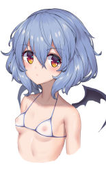 Rule 34 | 1girl, bad id, bad pixiv id, bare shoulders, bat wings, bikini, black wings, blue hair, breasts, closed mouth, collarbone, commentary request, covered erect nipples, cropped torso, hair between eyes, highres, looking at viewer, mahou kyuuri, red eyes, remilia scarlet, short hair, simple background, small breasts, solo, swimsuit, touhou, upper body, white background, white bikini, wings