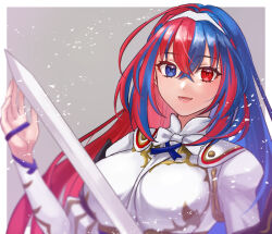 Rule 34 | 1girl, alear (female) (fire emblem), alear (fire emblem), blue eyes, blue hair, fire emblem, fire emblem engage, hazuki (nyorosuke), heterochromia, holding, holding sword, holding weapon, long hair, looking at viewer, multicolored hair, nintendo, open mouth, red eyes, red hair, smile, solo, split-color hair, sword, tiara, two-tone hair, weapon