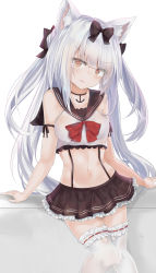 Rule 34 | 1girl, absurdres, anchor symbol, animal ears, arm ribbon, arm support, azur lane, bare shoulders, black bow, black ribbon, blush, bow, breasts, cat ears, collarbone, cowboy shot, eyes visible through hair, fang, frilled thighhighs, frills, hair bow, hair ribbon, head tilt, heart, heart-shaped pupils, highres, leaning, leaning on object, long hair, looking at viewer, medium breasts, navel, open mouth, pleated skirt, ribbon, ru zhai, sailor collar, sidelocks, silver hair, simple background, skirt, sleeveless, solo, stomach, suspenders, symbol-shaped pupils, thighhighs, thighs, white thighhighs, yukikaze (azur lane)