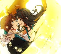 Rule 34 | 1boy, 1girl, ahoge, backlighting, black hair, black jacket, blue eyes, brown eyes, brown hair, couple, eye contact, final fantasy, final fantasy viii, from side, hetero, jacket, jewelry, looking at another, necklace, profile, rinoa heartilly, short hair, smile, squall leonhart, toudai (see-you!my wonderland), upper body, white background, yellow wings