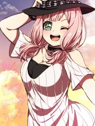 Rule 34 | 1girl, ;d, akasata, bang dream!, black collar, black hat, bracelet, breasts, character name, cleavage, clothing cutout, collar, dated, dress, green eyes, hand on headwear, happy birthday, hat, jewelry, lock, long hair, looking at viewer, low twintails, one eye closed, open mouth, padlock, padlocked collar, pink hair, ribbed dress, short sleeves, shoulder cutout, smile, solo, studded bracelet, studded collar, sunset, twintails, uehara himari, upper body, white dress