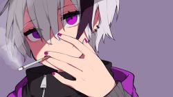 Rule 34 | 1girl, cigarette, close-up, earrings, empty eyes, flower (vocaloid), half-closed eyes, hand up, high collar, holding, holding cigarette, jacket, jewelry, looking at viewer, multicolored hair, nail polish, portrait, purple eyes, purple hair, purple nails, ribbed sleeves, shade, shitoo, short hair, smoke, smoking, solo, streaked hair, flower (vocaloid4), vocaloid, white hair, zipper, zipper pull tab