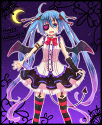 Rule 34 | 1girl, bandages, bat wings, blue eyes, blue hair, bow, bowtie, crescent moon, demon tail, eyepatch, fang, garter straps, hair ribbon, halloween, hatsune miku, long hair, matching hair/eyes, moon, night, open mouth, ribbon, skirt, solo, striped clothes, striped thighhighs, tail, thighhighs, twintails, utahara kei, utaharak, very long hair, vocaloid, wings