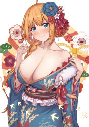 Rule 34 | 1girl, ahoge, alternate hairstyle, animal print, aqua eyes, bare shoulders, blue kimono, braid, breasts, butterfly print, closed mouth, collarbone, commentary request, curvy, flower, fur trim, hair flower, hair ornament, highres, japanese clothes, kannko bokujou, kimono, large breasts, light smile, long hair, looking at viewer, obi, orange hair, pecorine (new year) (princess connect!), pecorine (princess connect!), princess connect!, sash, single braid, solo, white background