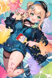 Rule 34 | 1girl, absurdres, black headwear, black shirt, blonde hair, blue bow, blue bowtie, blue coat, blue jacket, blue socks, bow, bowtie, bracelet, breasts, coat, criss-cross halter, hair ornament, hairclip, halterneck, highres, holding, holding paintbrush, hood, hoodie, jacket, jewelry, kaburaki roco, kaburaki roco (1st costume), looking at viewer, medium breasts, medium hair, multicolored background, nijisanji, paid reward available, paint, paint splatter, paint splatter on face, paintbrush, shirt, shoes, smile, sneakers, socks, solo, sugiki, thigh strap, thighs, twintails, v, virtual youtuber, watch, wristwatch
