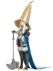 Rule 34 | 1girl, arm behind back, armor, black thighhighs, blonde hair, blue cape, blue eyes, blue ribbon, boots, breastplate, brown footwear, cape, coattails, commentary request, detached sleeves, full body, gauntlets, hair tubes, hammer, km yama, large hat, long hair, looking afar, low ponytail, original, outstretched hand, planted, ribbon, sidelocks, solo, standing, thigh boots, thighhighs, turtleneck, twintails, very long hair, weapon, white background